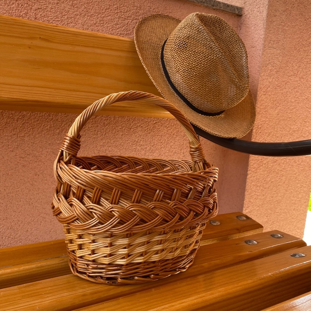 Two Tone Wood Hand Woven Basket With Handle, Plant Hanger, Storage Easter Basket